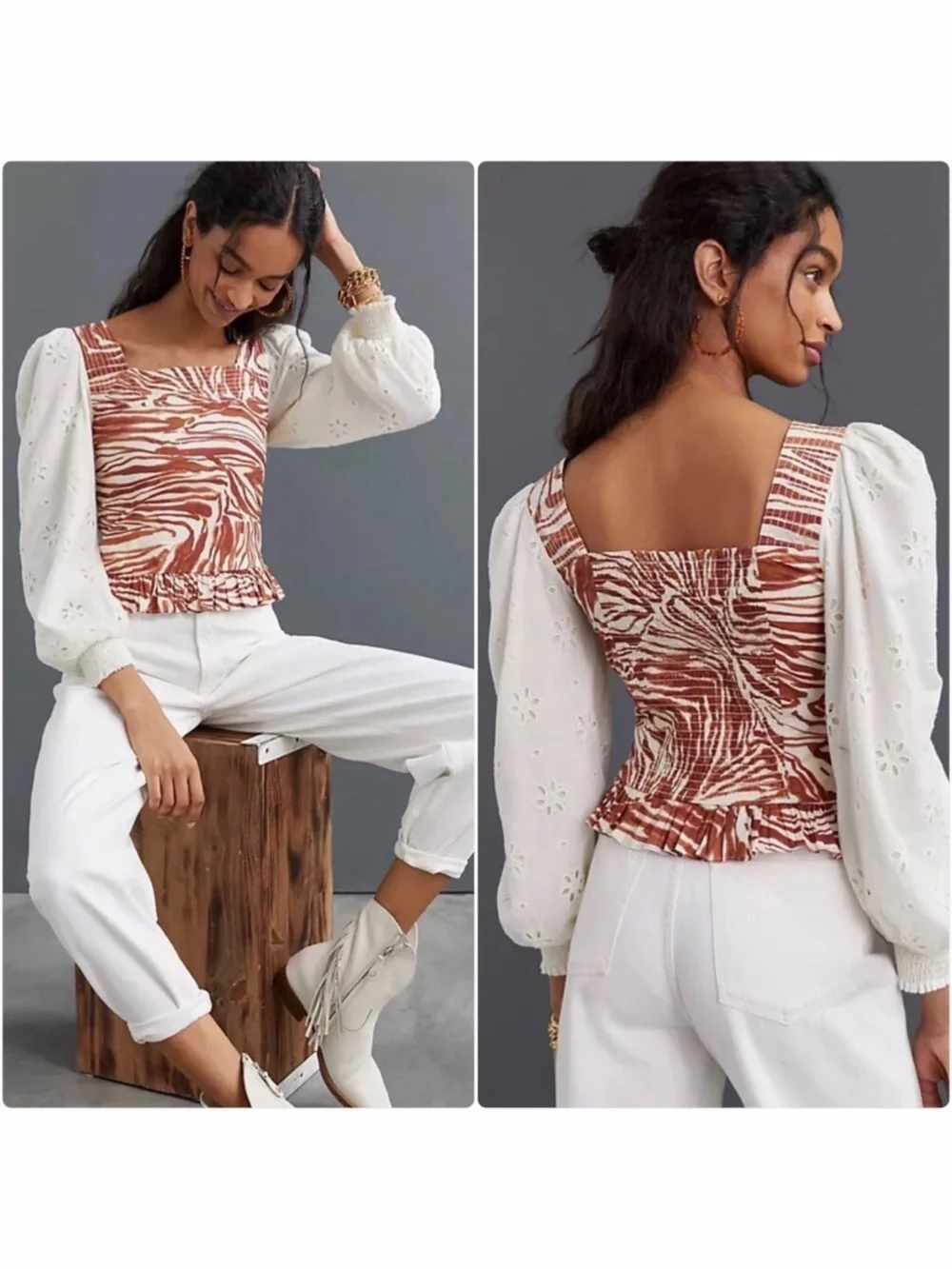 Anthropologie Love The Label Smocked Eyelet Puff Sleeve Blouse L